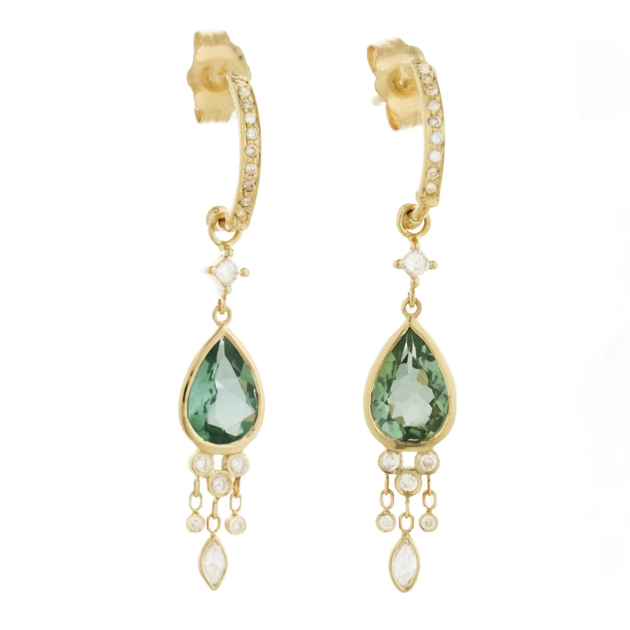 14K Gold Pave Diamond Hoops with Teardrop Green Tourmalines