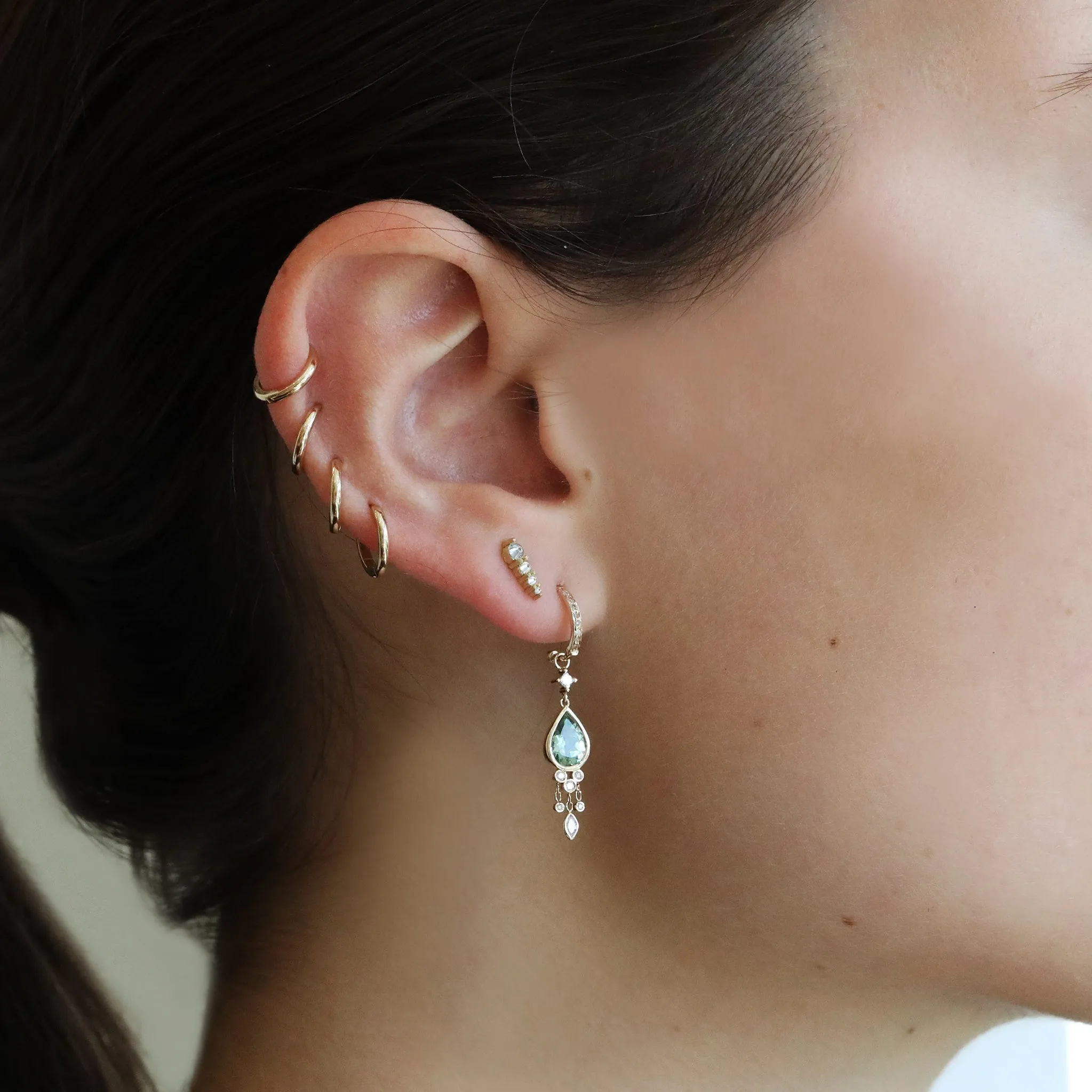 14K Gold Pave Diamond Hoops with Teardrop Green Tourmalines