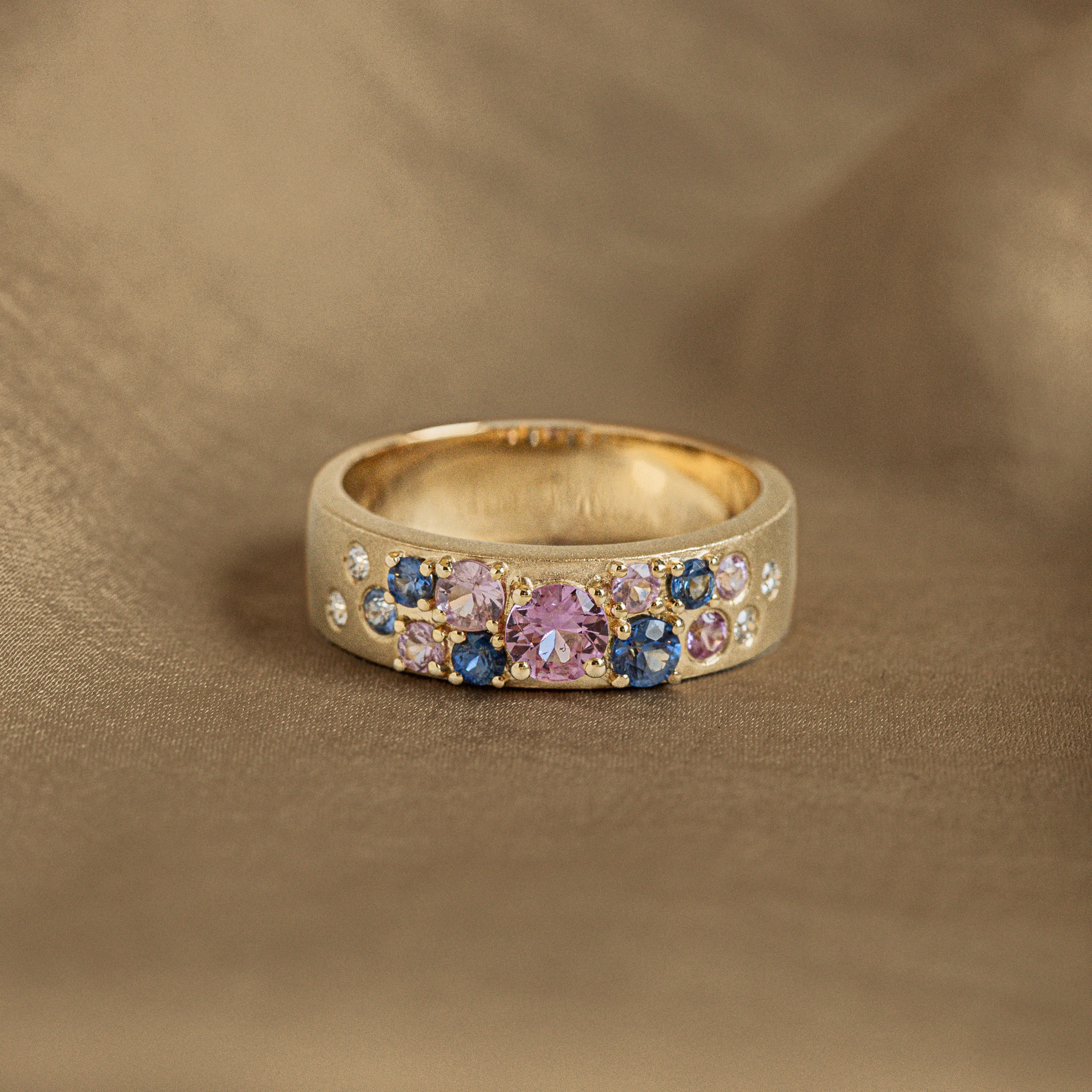 14K Yellow Gold Natural Blue and Pink Sapphire Diamond Brushed Band