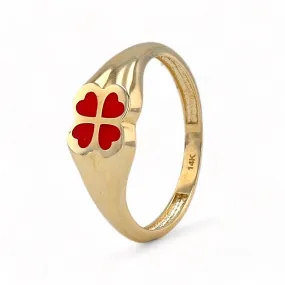 14K Yellow gold red enamel paint clover ring-225379