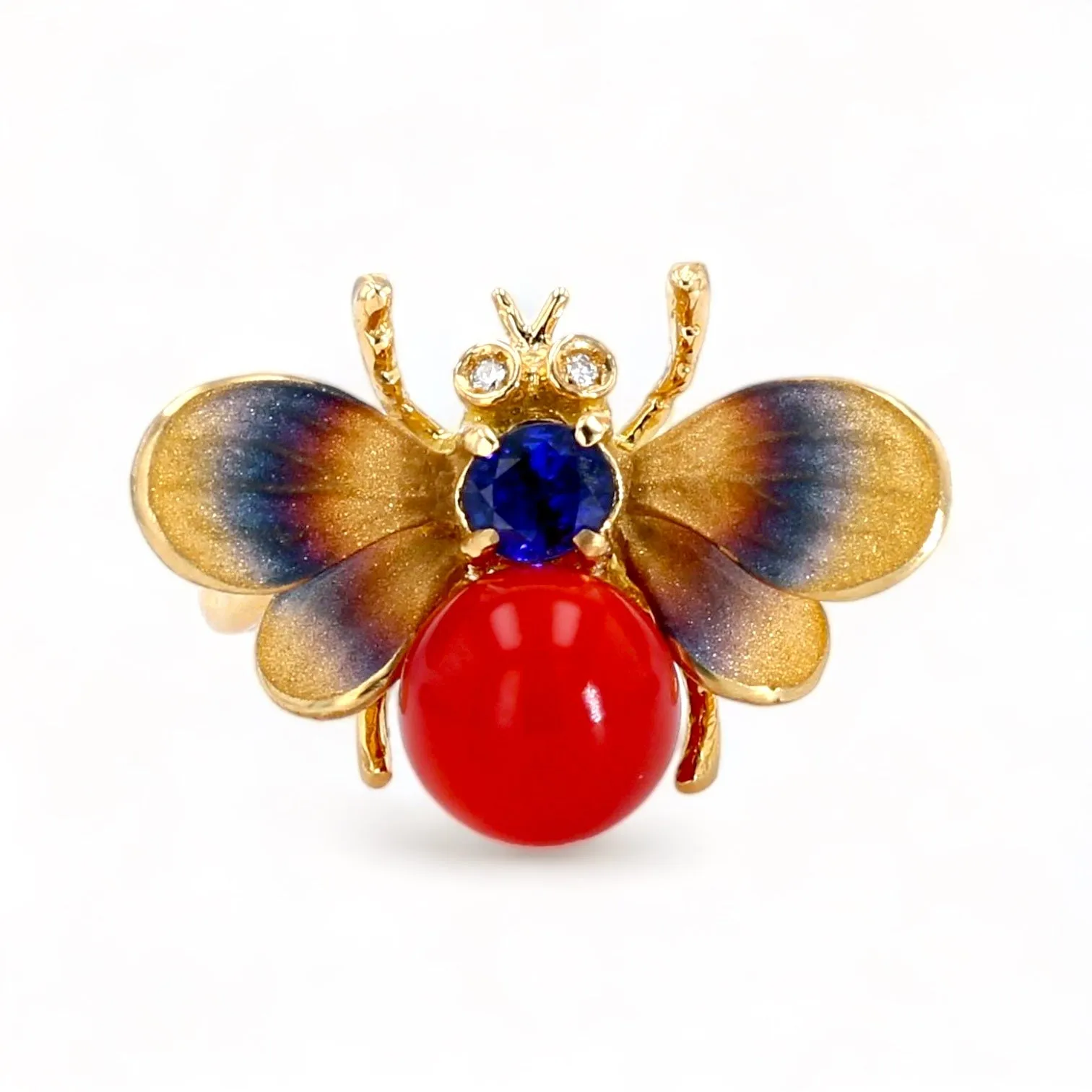 18k yellow gold handmade paint red coral blue sapphire and diamonds eyes exotic bee ring especial edition-32123