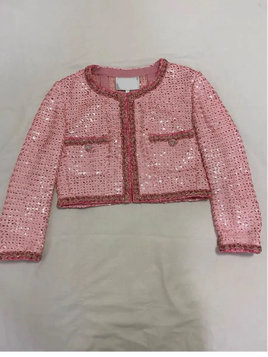 2023 Early Autumn New Pink Full Glitter Sequins Socialite Small Fragrance Style Jacket Women's Round Neck Double Pocket Short To