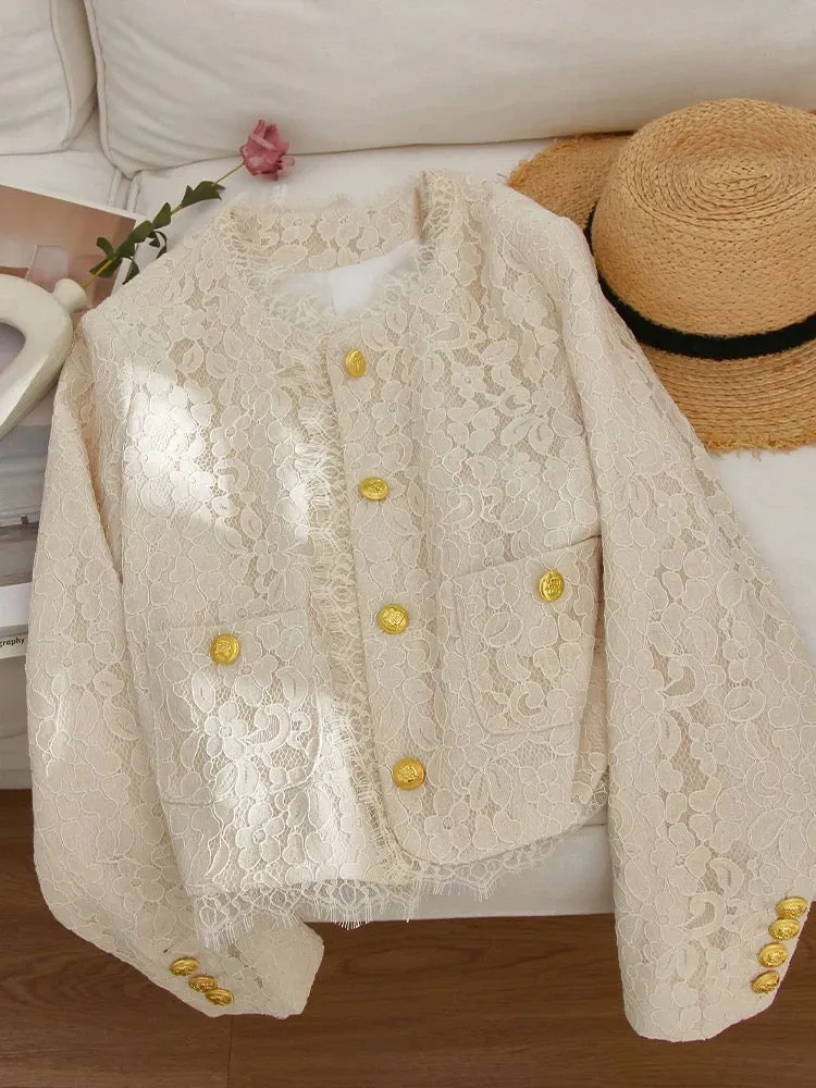 4U4U 2024 spring new style beige lace jacket for women, stunning daughter-in-law, small fragrant style single-breasted top