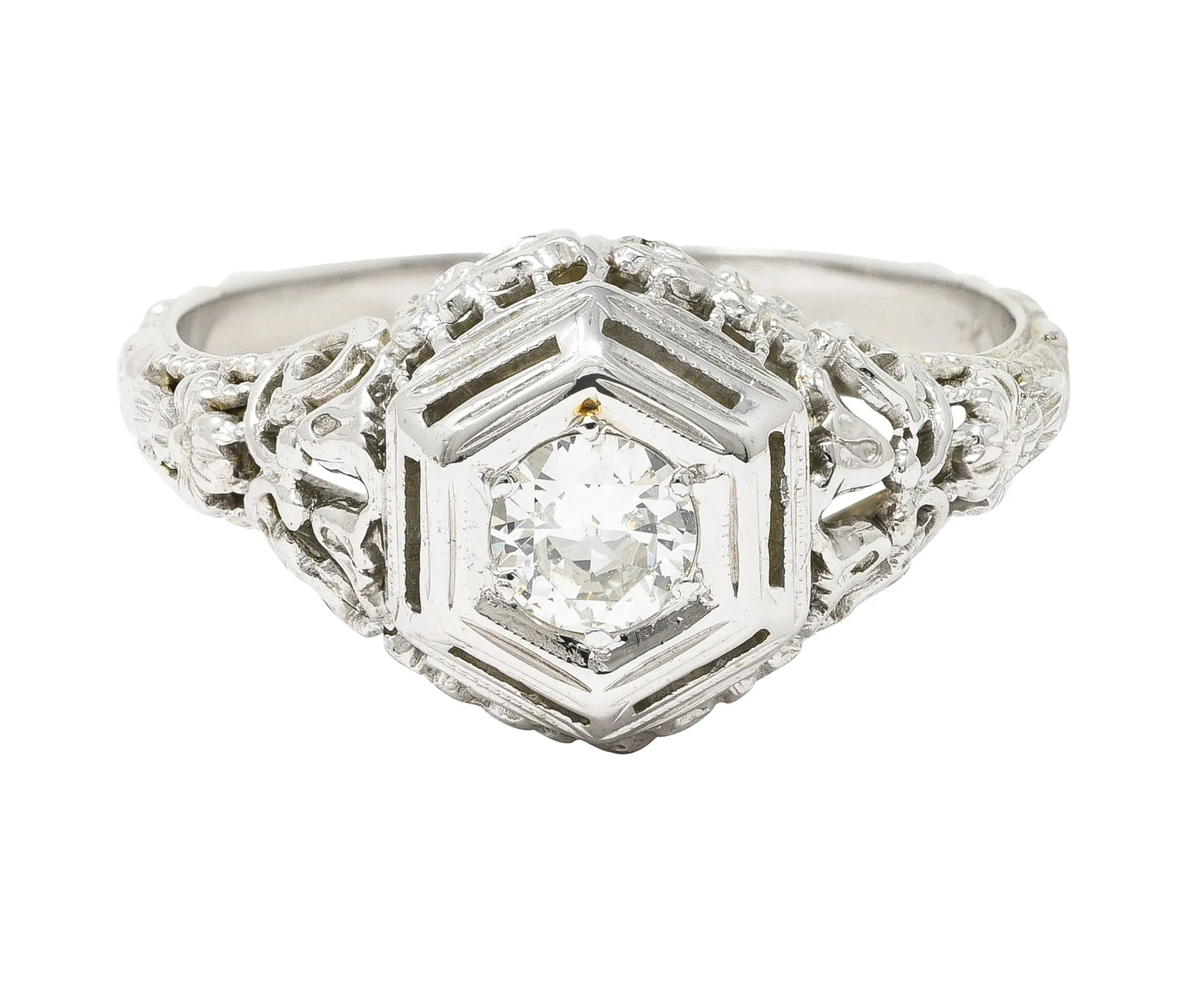 Art Deco 0.25 CTW Old European Cut Diamond 18 Karat White Gold Scrolling Orange Blossom Engagement Ring