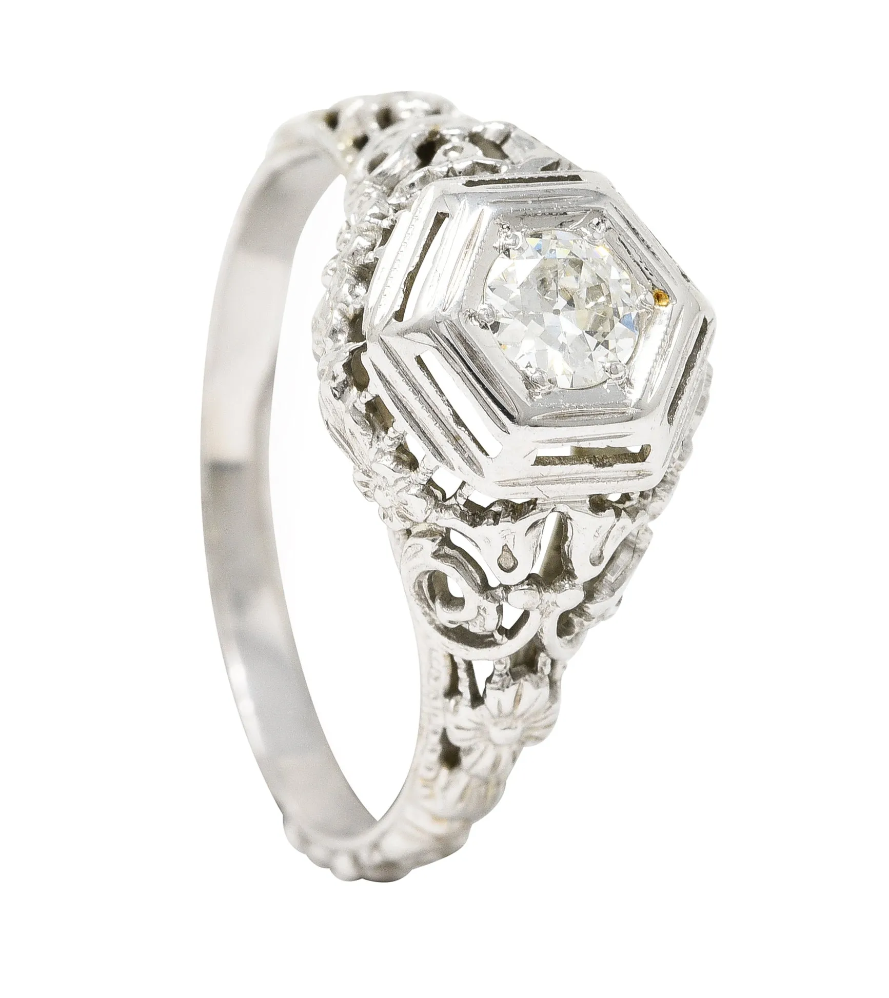 Art Deco 0.25 CTW Old European Cut Diamond 18 Karat White Gold Scrolling Orange Blossom Engagement Ring