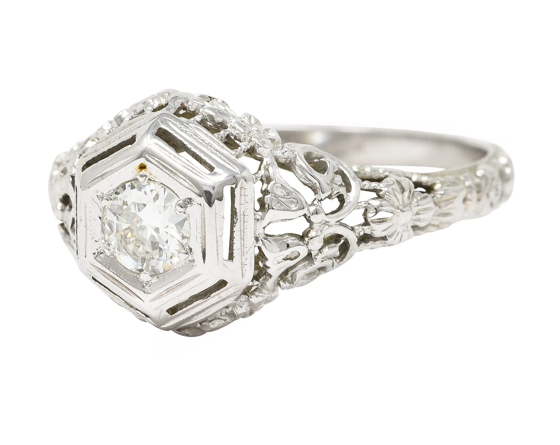 Art Deco 0.25 CTW Old European Cut Diamond 18 Karat White Gold Scrolling Orange Blossom Engagement Ring