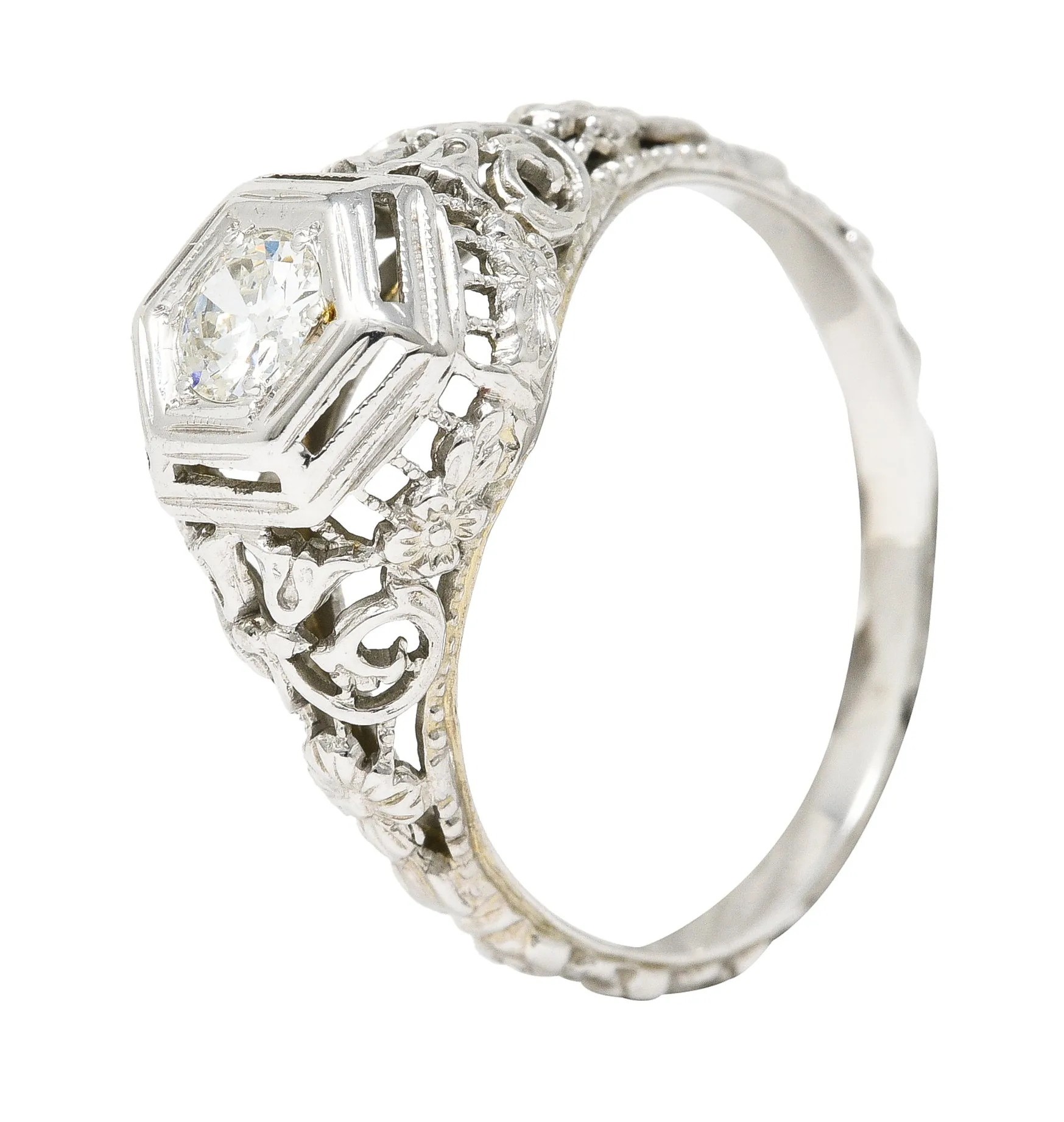 Art Deco 0.25 CTW Old European Cut Diamond 18 Karat White Gold Scrolling Orange Blossom Engagement Ring