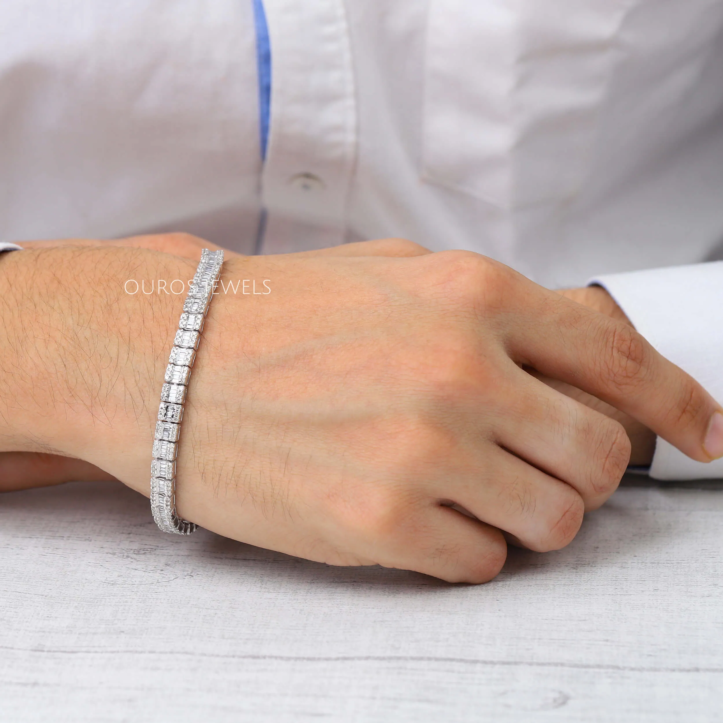 Baguette And Round Cluster Diamond Tennis Bracelet