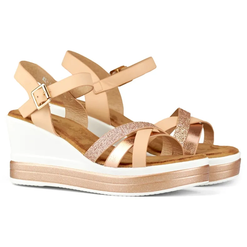Beige wedge sandals with a shiny strap
