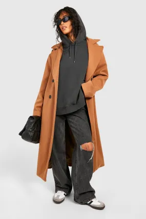 Belted Double Breast Textured Wool Look Maxi Coat