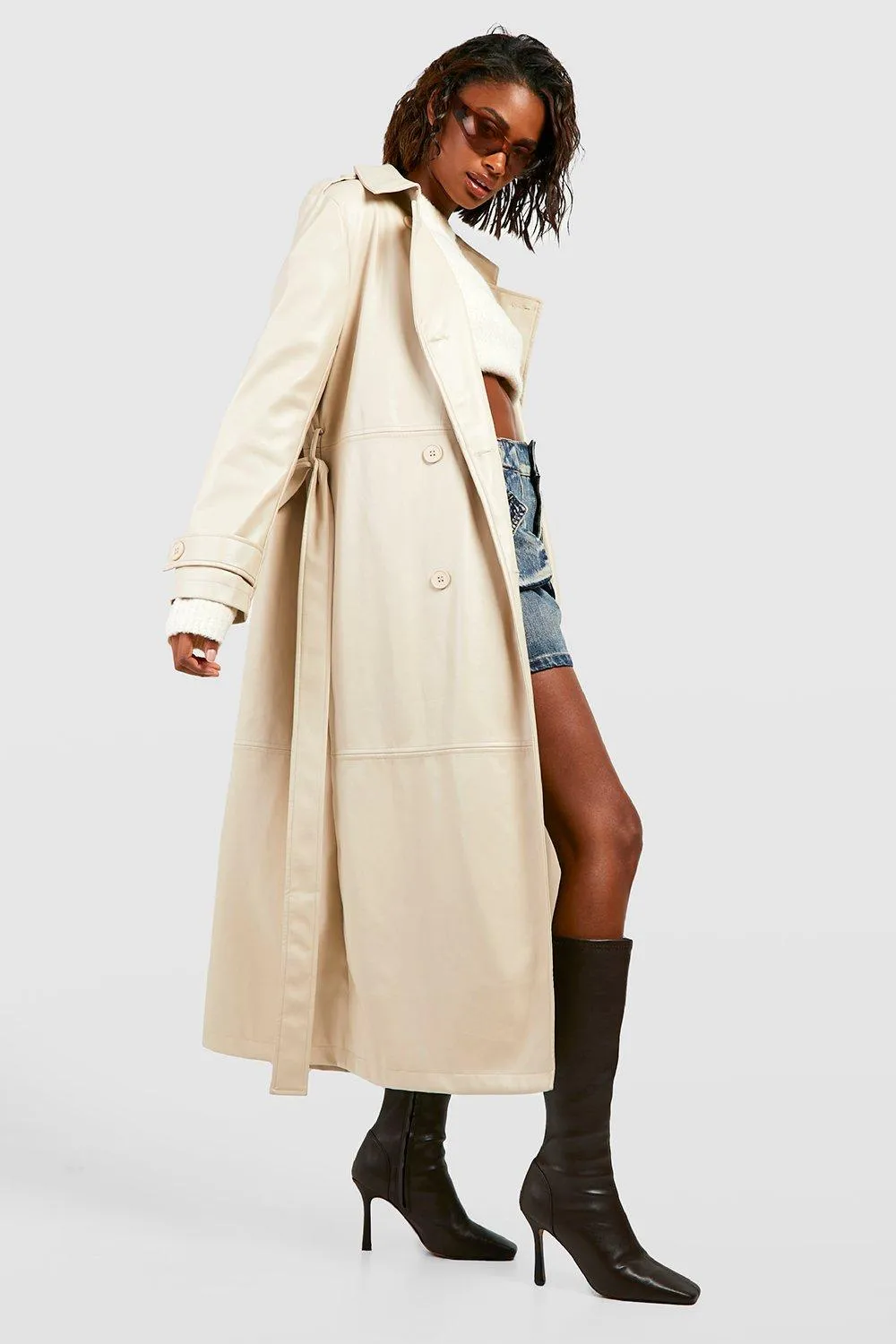 Belted Faux Leather Trench Coat