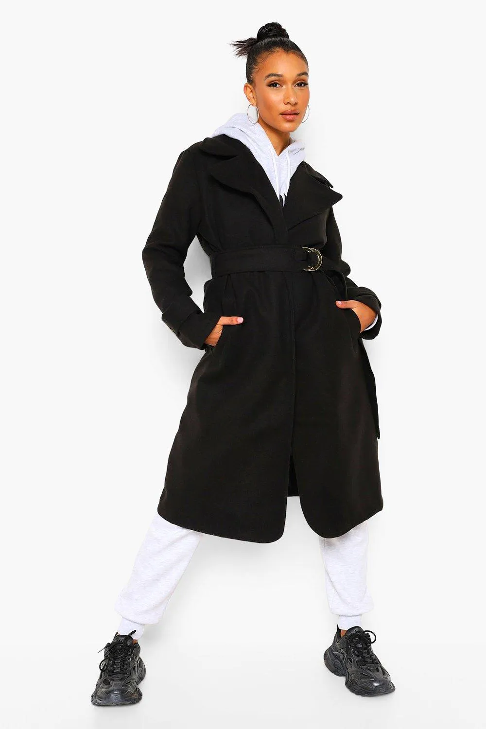 Belted Wool Look Trench Coat