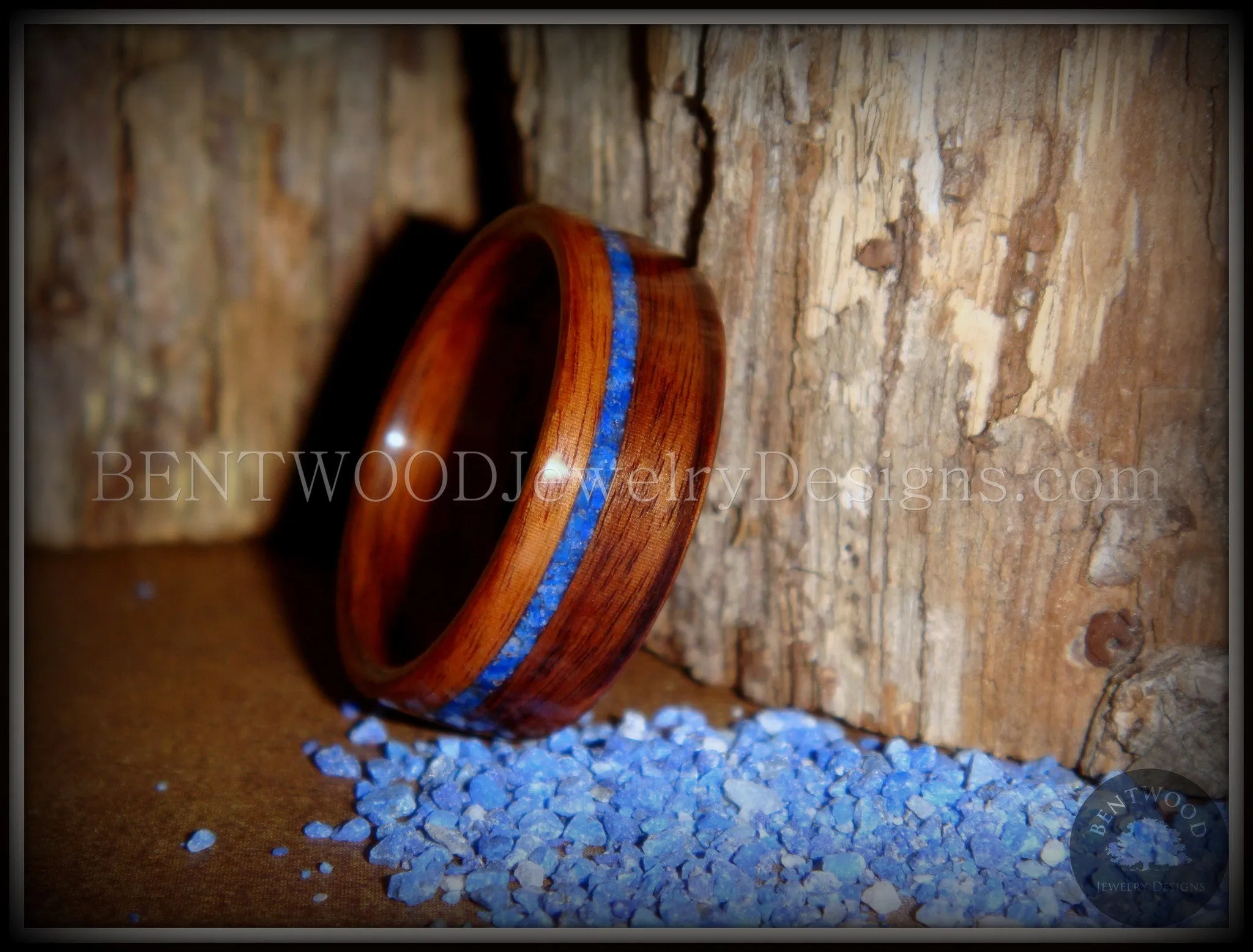 Bentwood Ring - Santos Rosewood Wooden Ring with Offset Blue Lapis Inlay