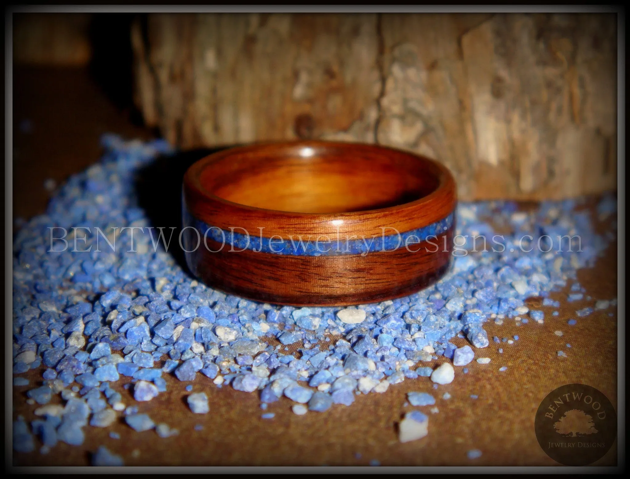 Bentwood Ring - Santos Rosewood Wooden Ring with Offset Blue Lapis Inlay