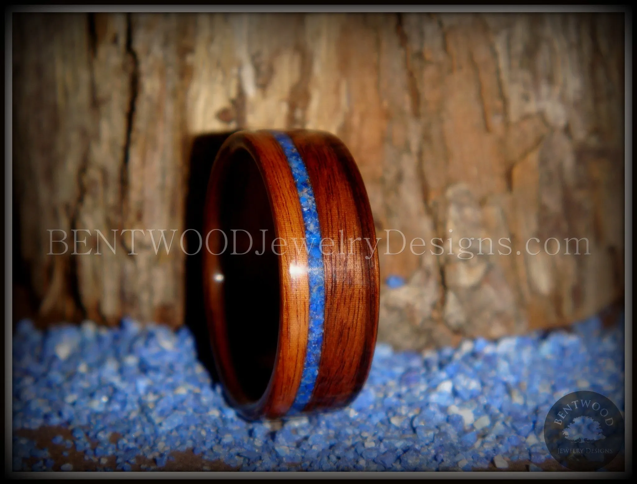 Bentwood Ring - Santos Rosewood Wooden Ring with Offset Blue Lapis Inlay