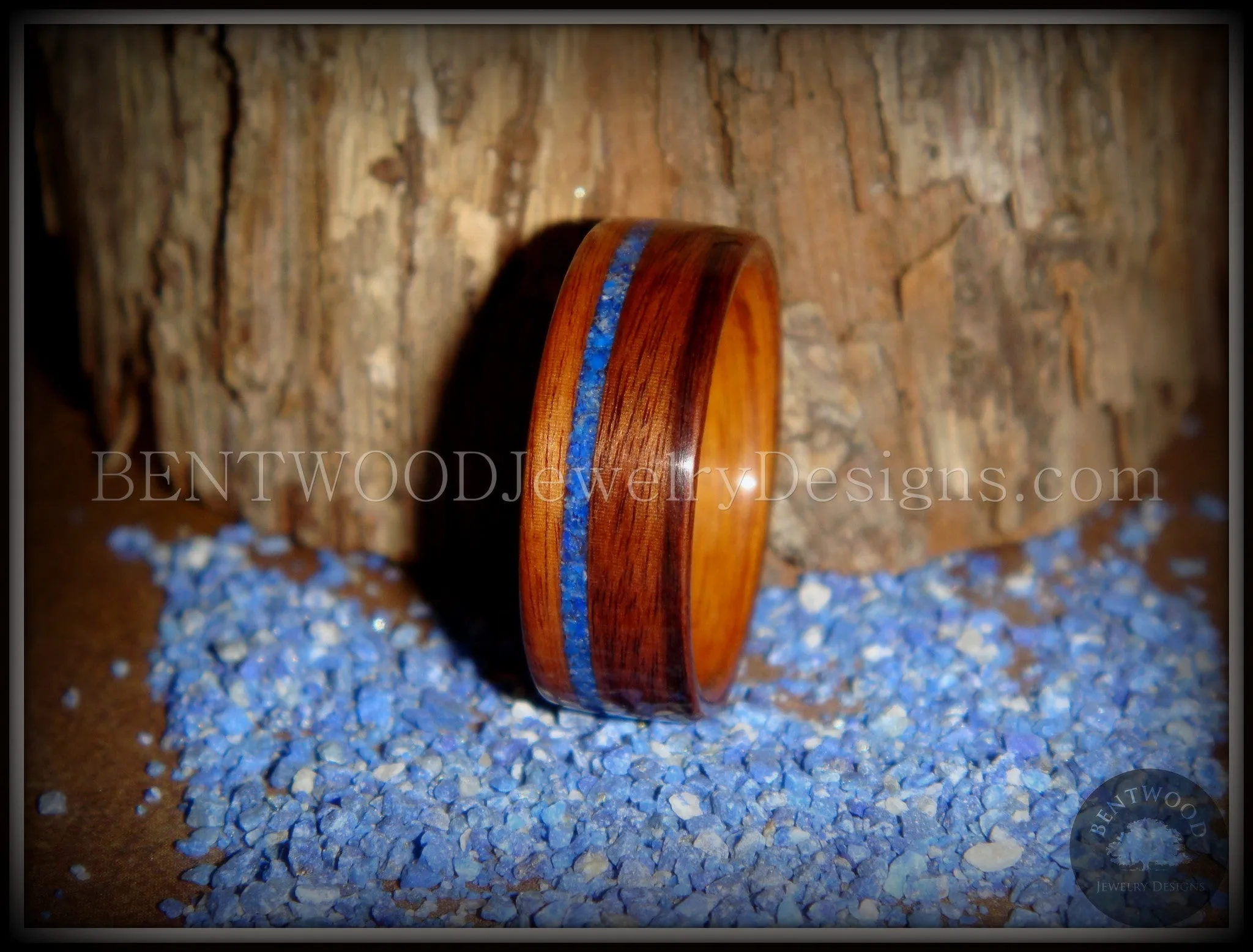 Bentwood Ring - Santos Rosewood Wooden Ring with Offset Blue Lapis Inlay