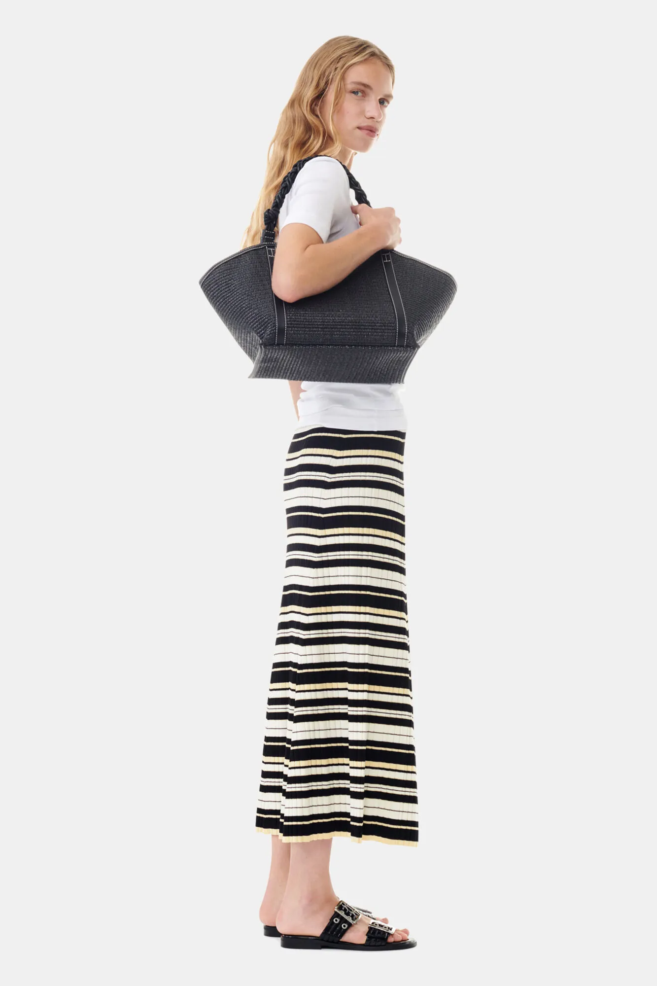 Black GANNI Bou Medium Tote Raffia Bag