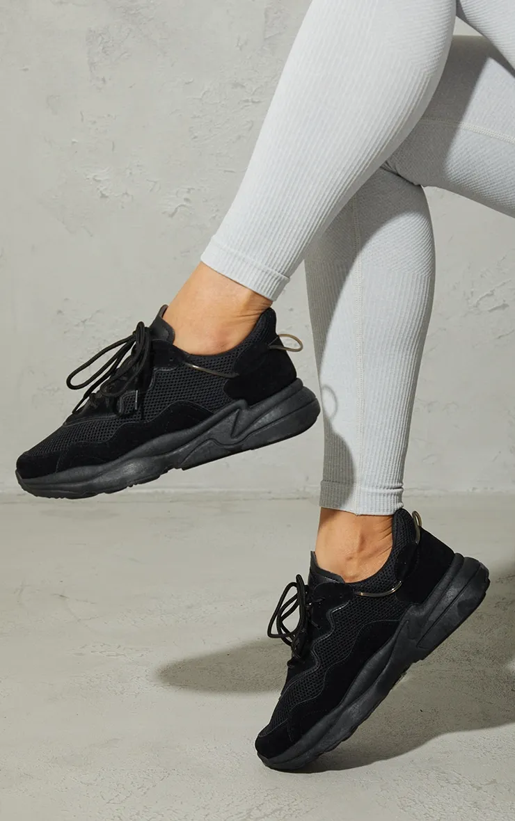 Black Mesh Contrast Lace Up Bubble Sole Trainers