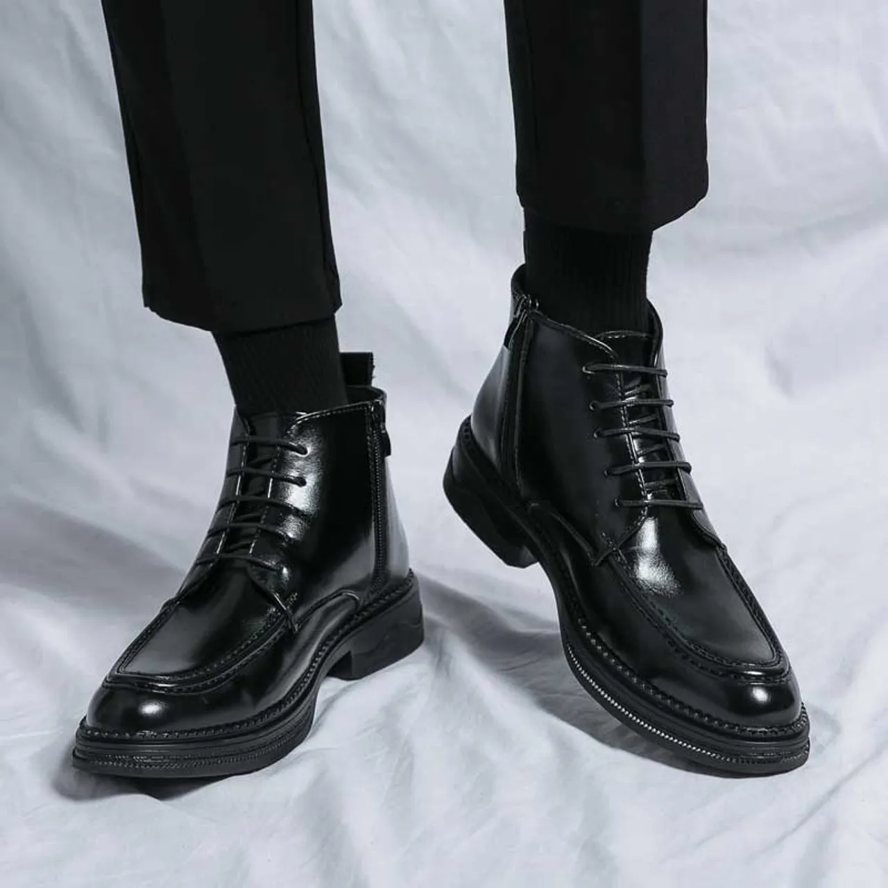 Black plain side zip lace up shoe boot