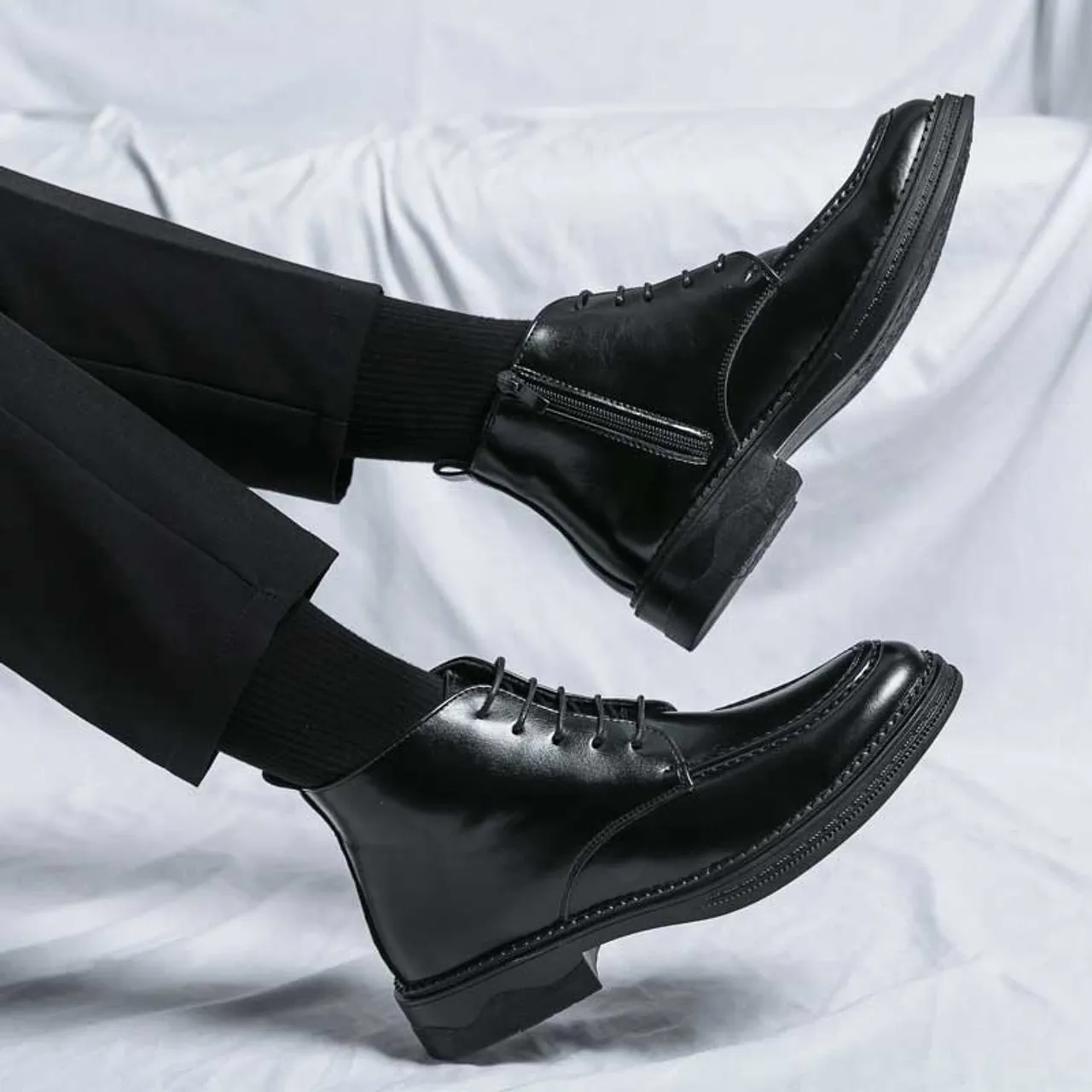 Black plain side zip lace up shoe boot