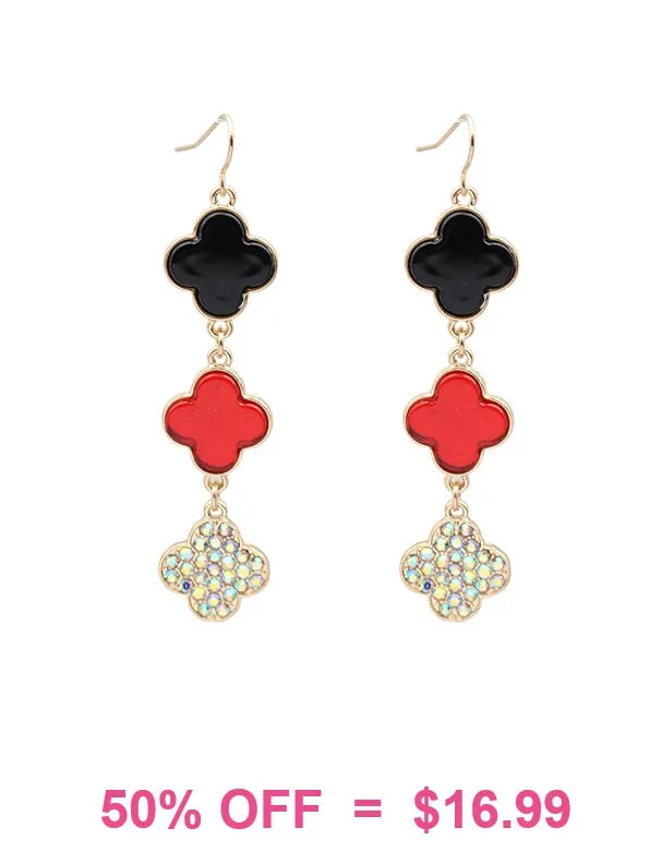 Black, Red, Bling clover triple dangle earrings