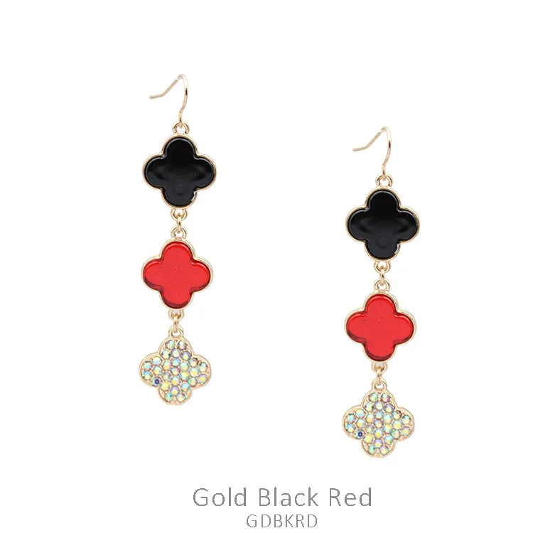 Black, Red, Bling clover triple dangle earrings