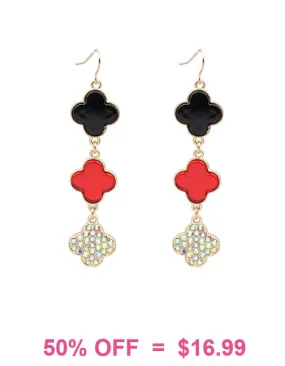 Black, Red, Bling clover triple dangle earrings