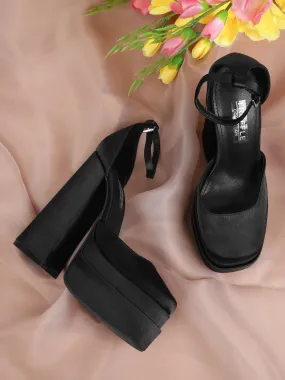 Black Satin Strappy Block Sandals (TC-GOWN1-BLKSAT)