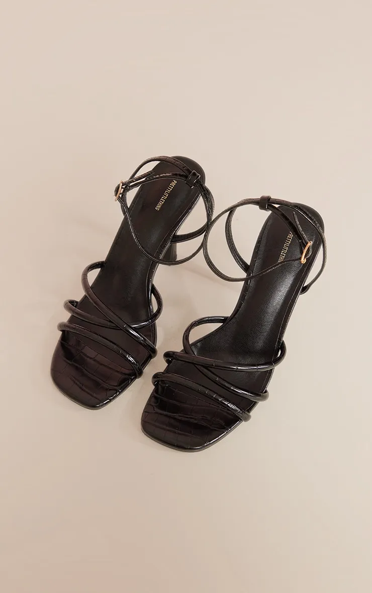 Black Snake Pu Cross Over Strap Mid Heeled Sandals