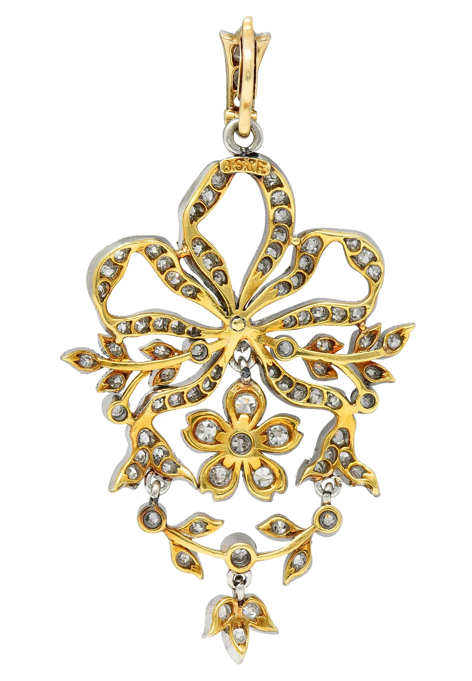 Black Starr & Frost Edwardian Diamond Platinum-Topped 18 Karat Gold Flower Bow Enhancer Pendant