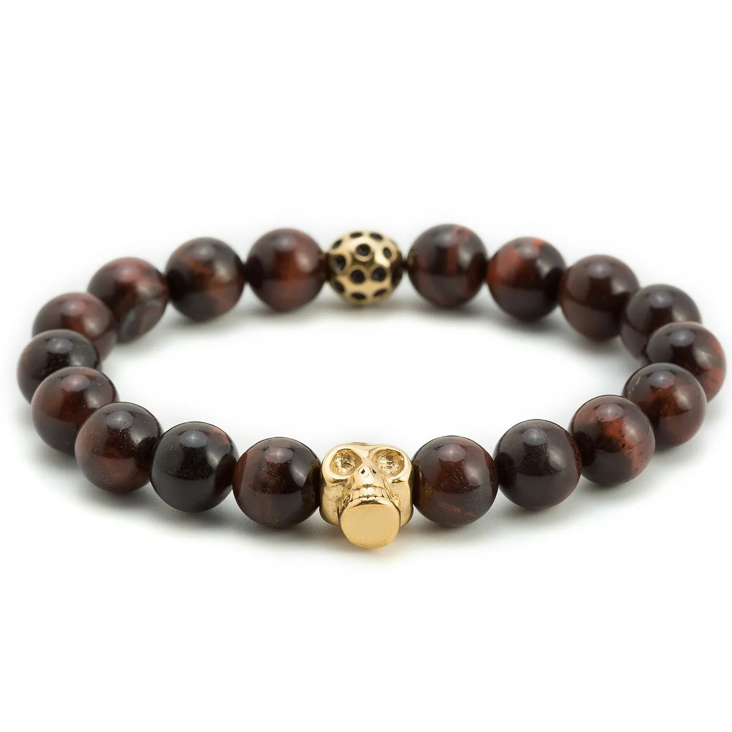 Boston Red Tiger Eye Gold Skull Bracelet