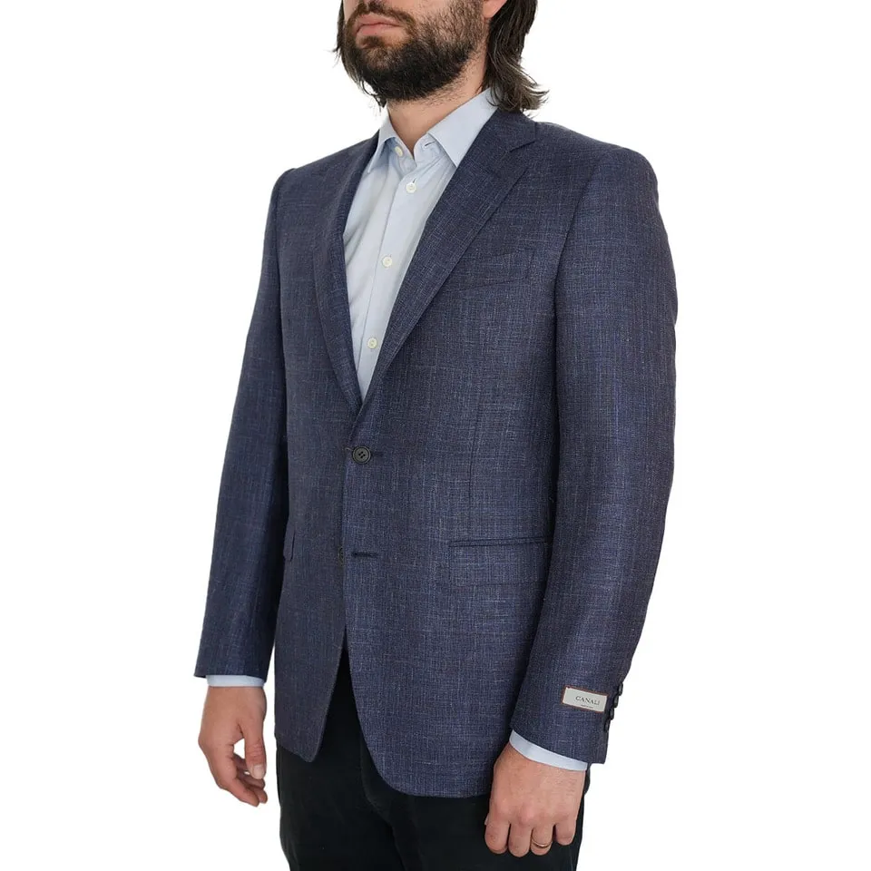 CANALI Wool Silk & Linen Slim Fit Basket Weave Navy Jacket | Menswear Online