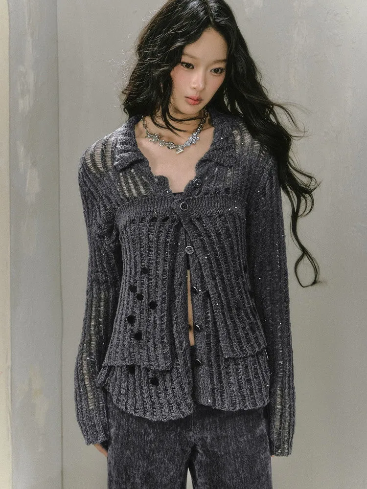Cardigan＆Tube-Top Damage Asymmetry Mesh Knit Set-up