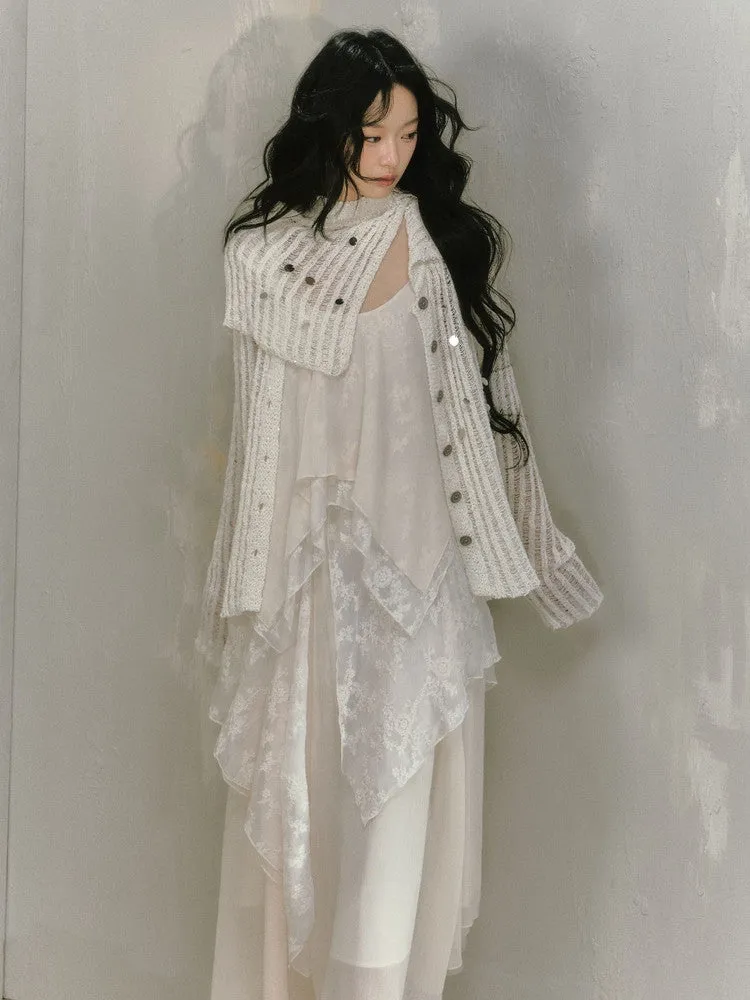 Cardigan＆Tube-Top Damage Asymmetry Mesh Knit Set-up