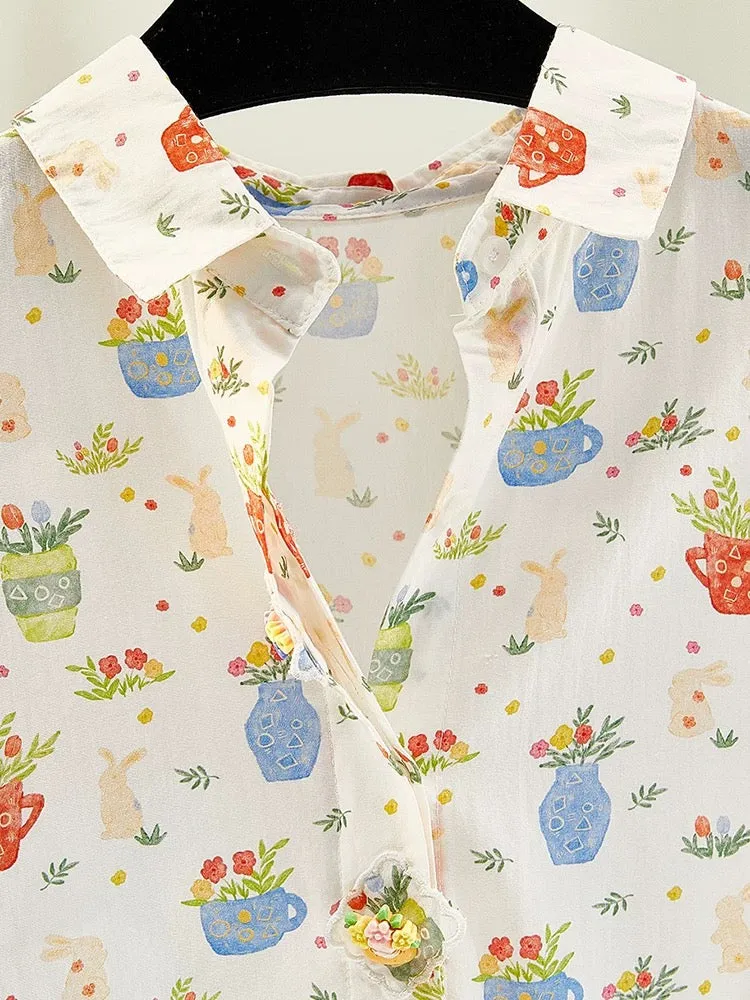 Cartoon vase print tops 2024 summer new short-sleeved ladies cardigan shirt doll collar age-reducing shirt