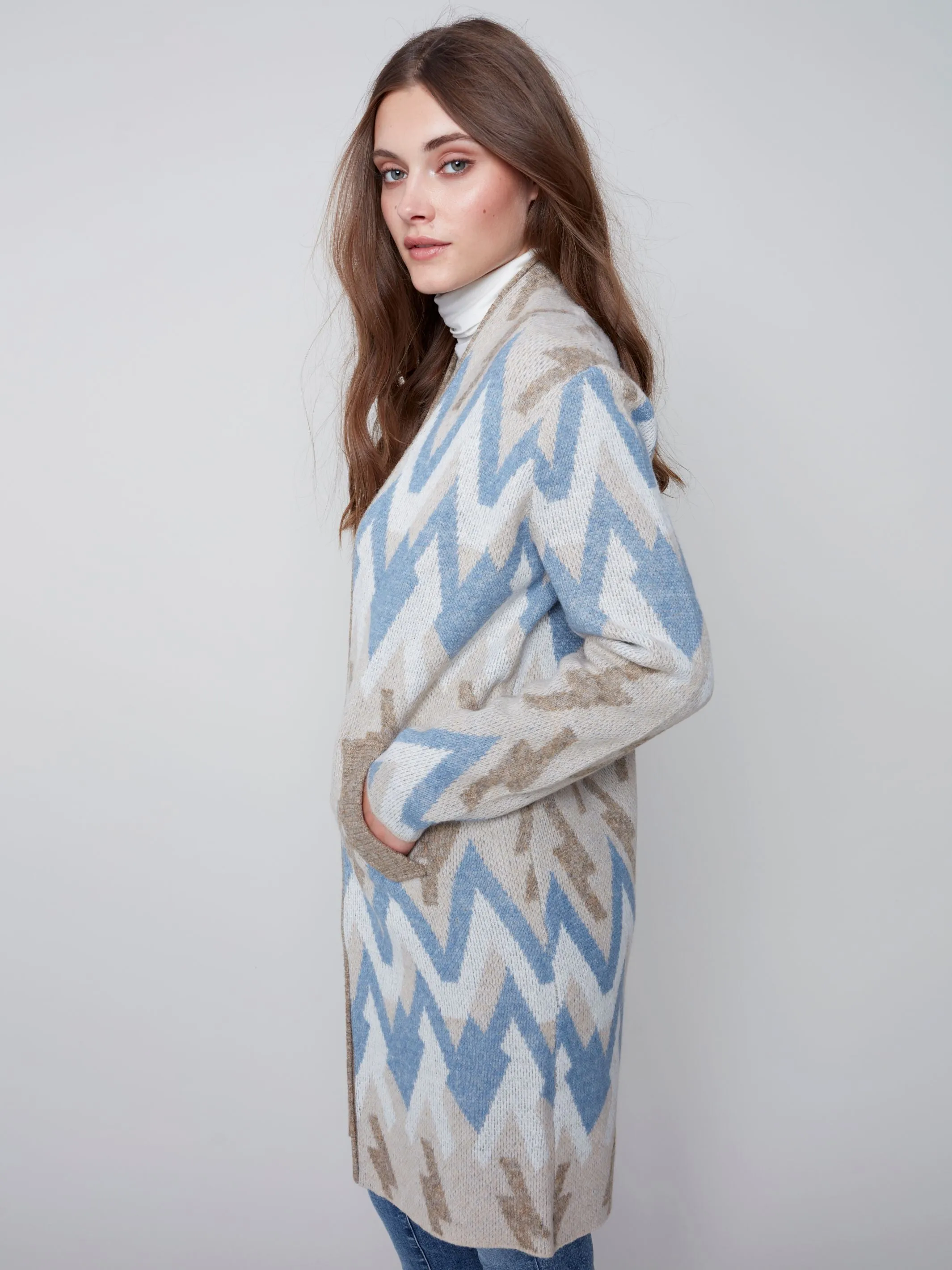 Charlie B Long Cardigan With Geometric Jacquard Pattern & Pockets