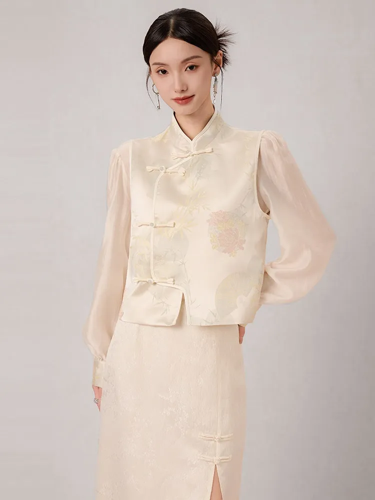 Chinese Style Jacquard Stand Collar Vest ＆ Sheer Top Set-up