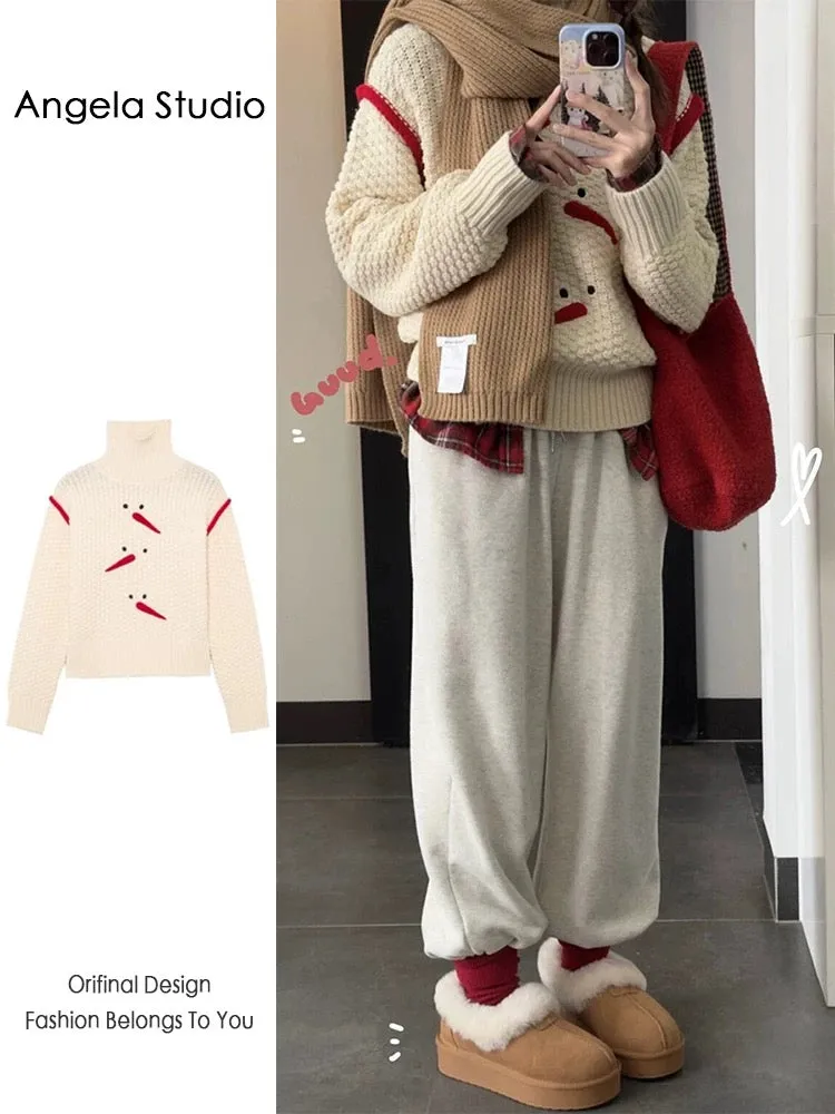 Christmas outfits, cute and fun carrot snowman turtleneck pullover, pineapple pattern heavy-duty thickened sweater for women in 
