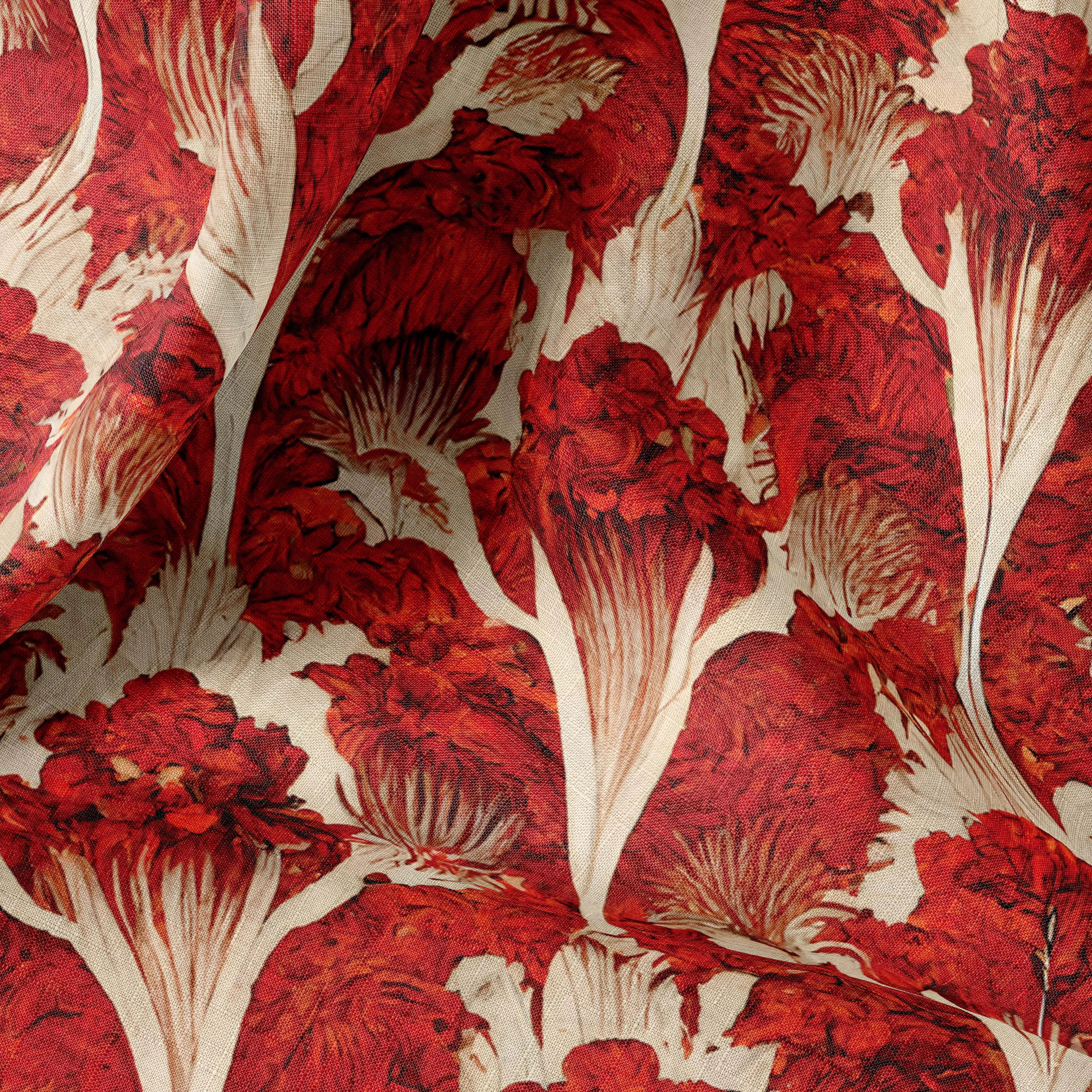 Christmas Print Linen By The Yard or Meter, Vintage Red Botanical Garden Print Linen Fabric For Bedding, Curtains, Clothing & Up