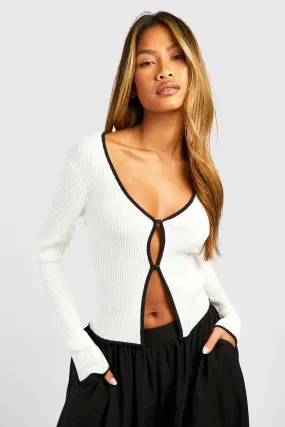 Contrast Binding Trim Fine Gauge Rib Knit Cardigan