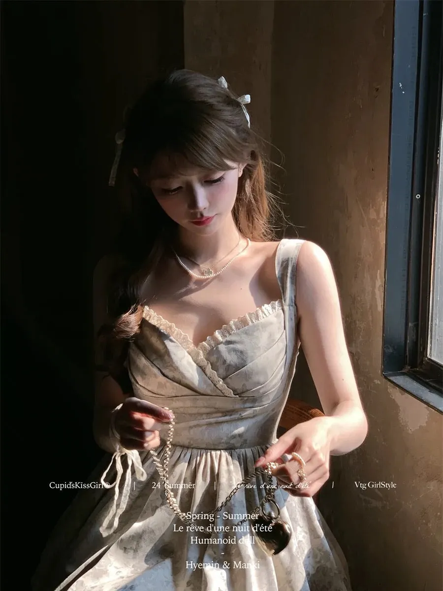 csk Cupid Wooden Rose Doll Retro Oil Painting Vest Dress Women's Waist Slimming A-Line Skirt