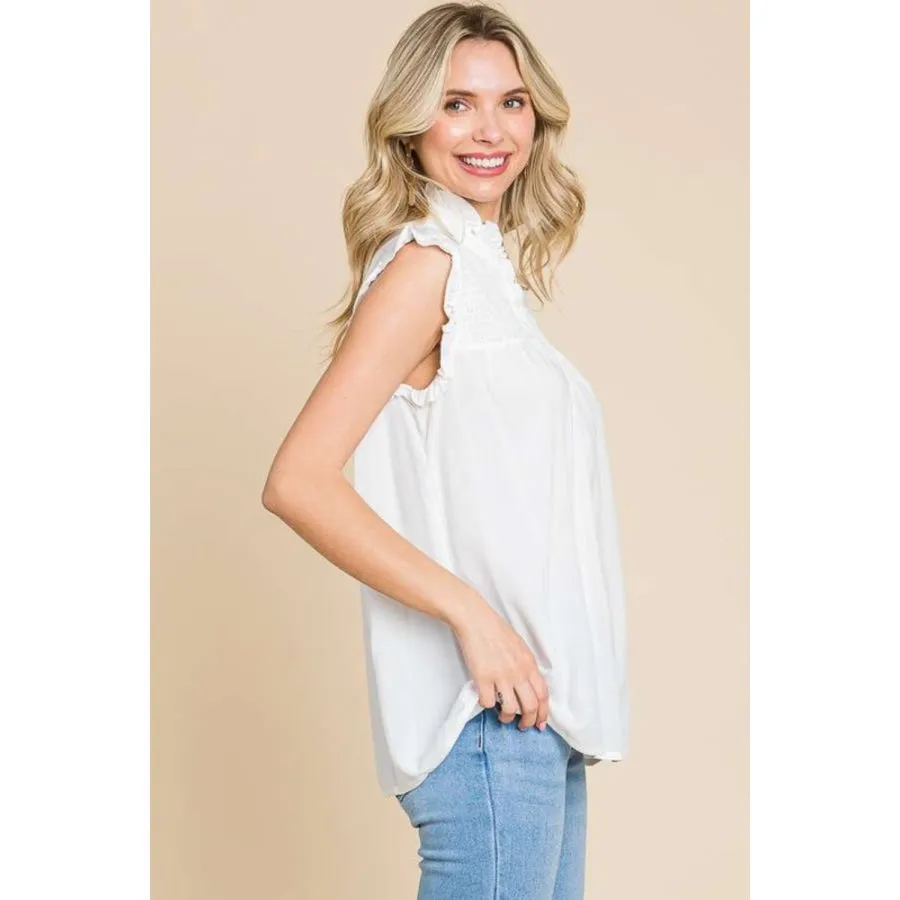 Culture Code Full Size Frill Edge Smocked Sleeveless Top