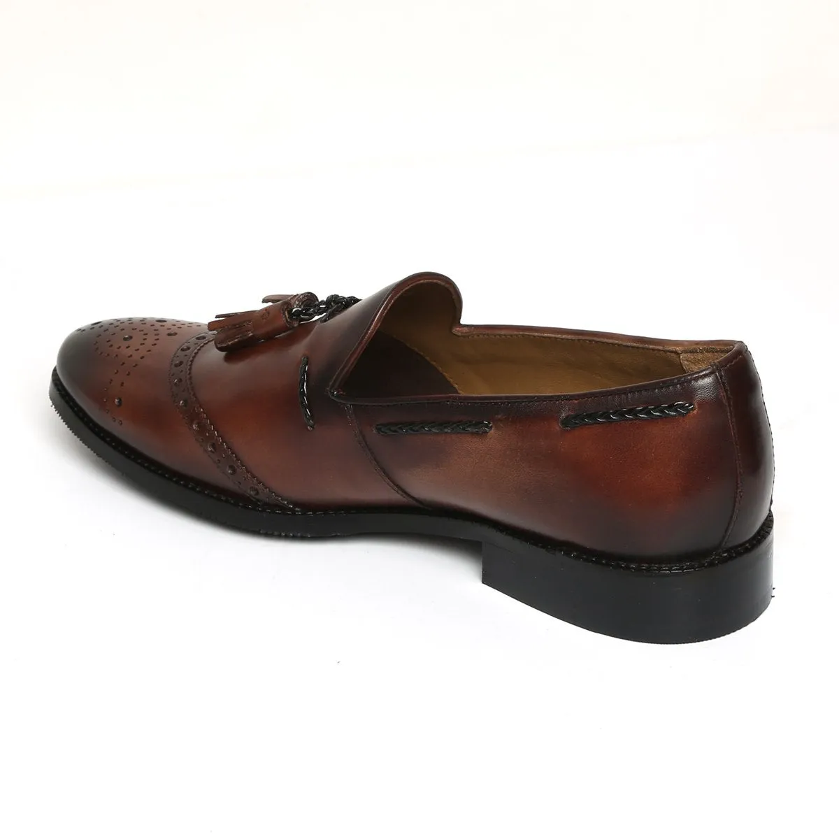 Dark Brown Quarter Brogue Toe Tassel Leather Slip-On Shoes