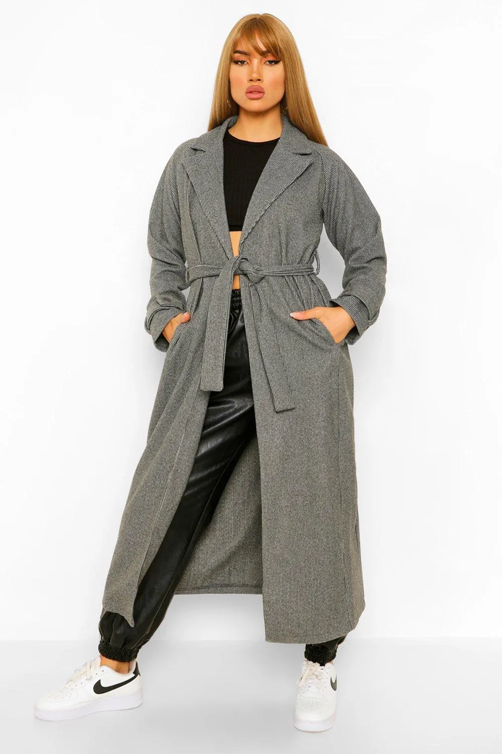 Dogtooth Belted Wool Look Trench Coat