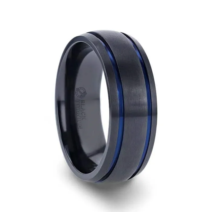 Domed BlackTitanium Brushed Finish Band with Blue Grooves