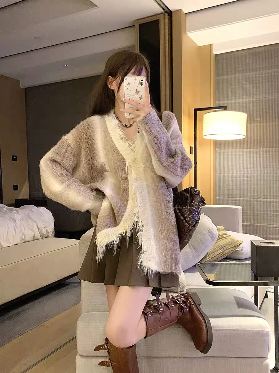 DOPS autumn and winter new mixed color gradient niche high-end butterfly tassel raw edge knitted cardigan sweater women's long s