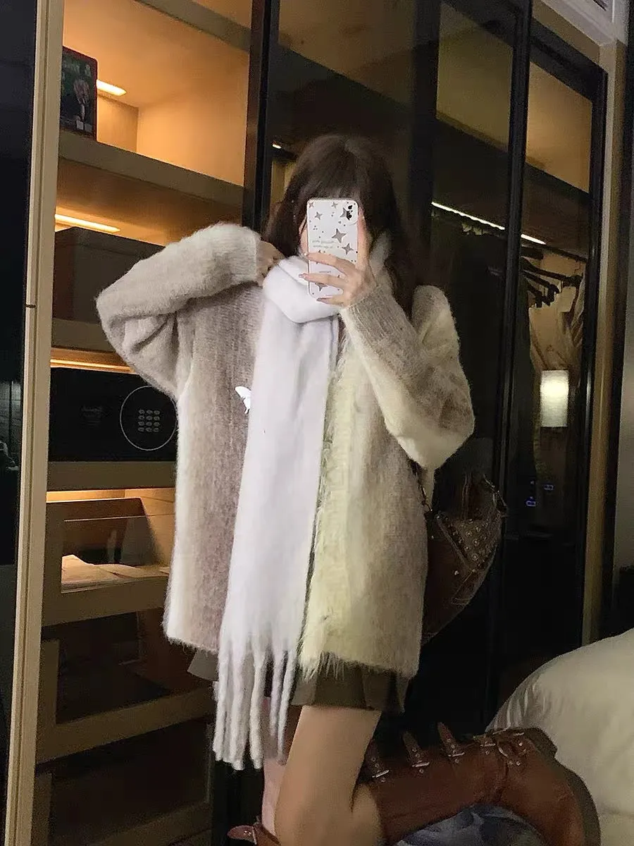 DOPS autumn and winter new mixed color gradient niche high-end butterfly tassel raw edge knitted cardigan sweater women's long s