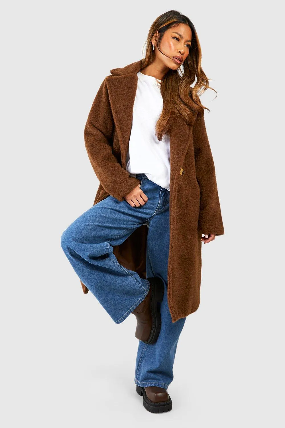 Double Breasted Longline Textured Wool Look Coat