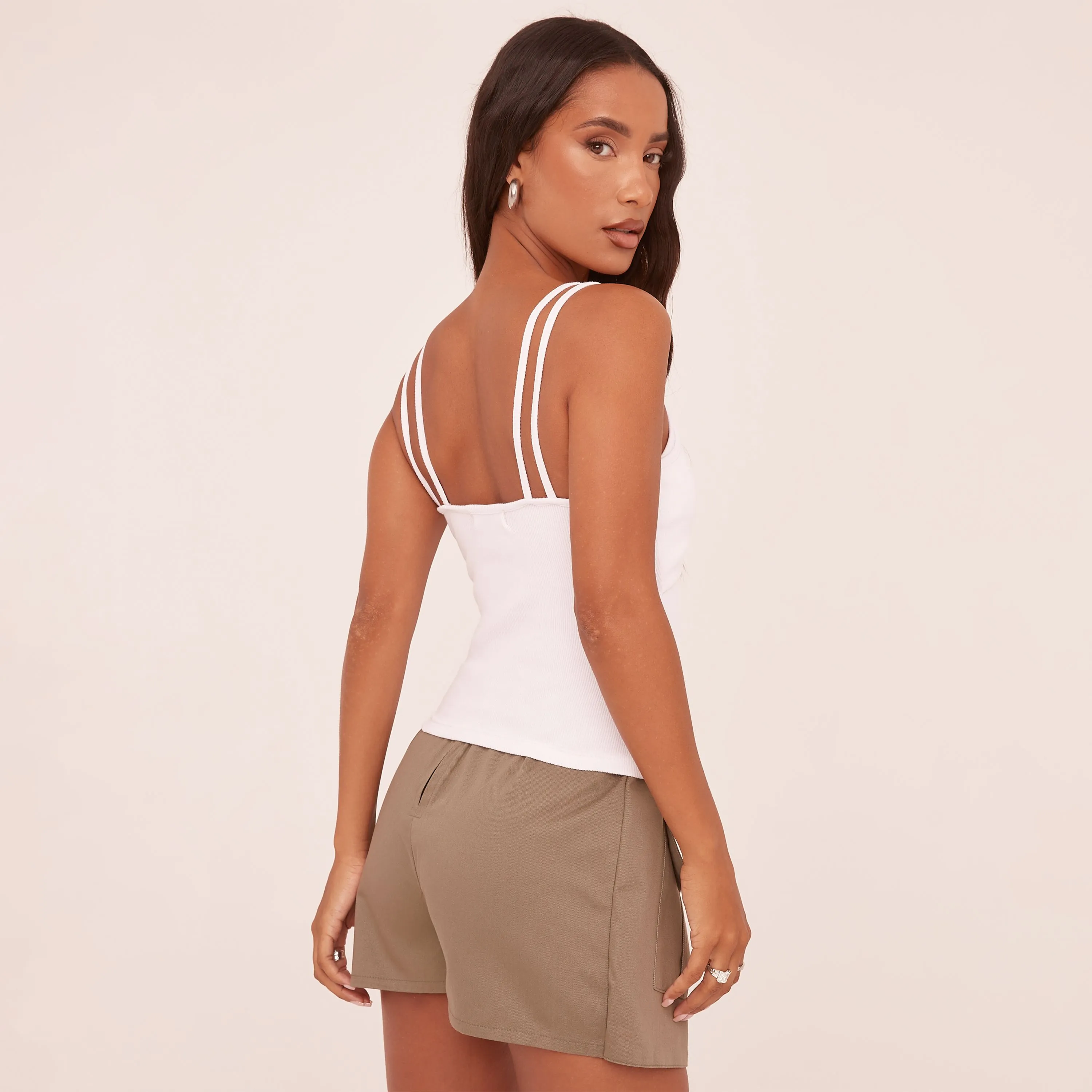 Double Strap Swirl Graphic Detail Vest Top In White Rib