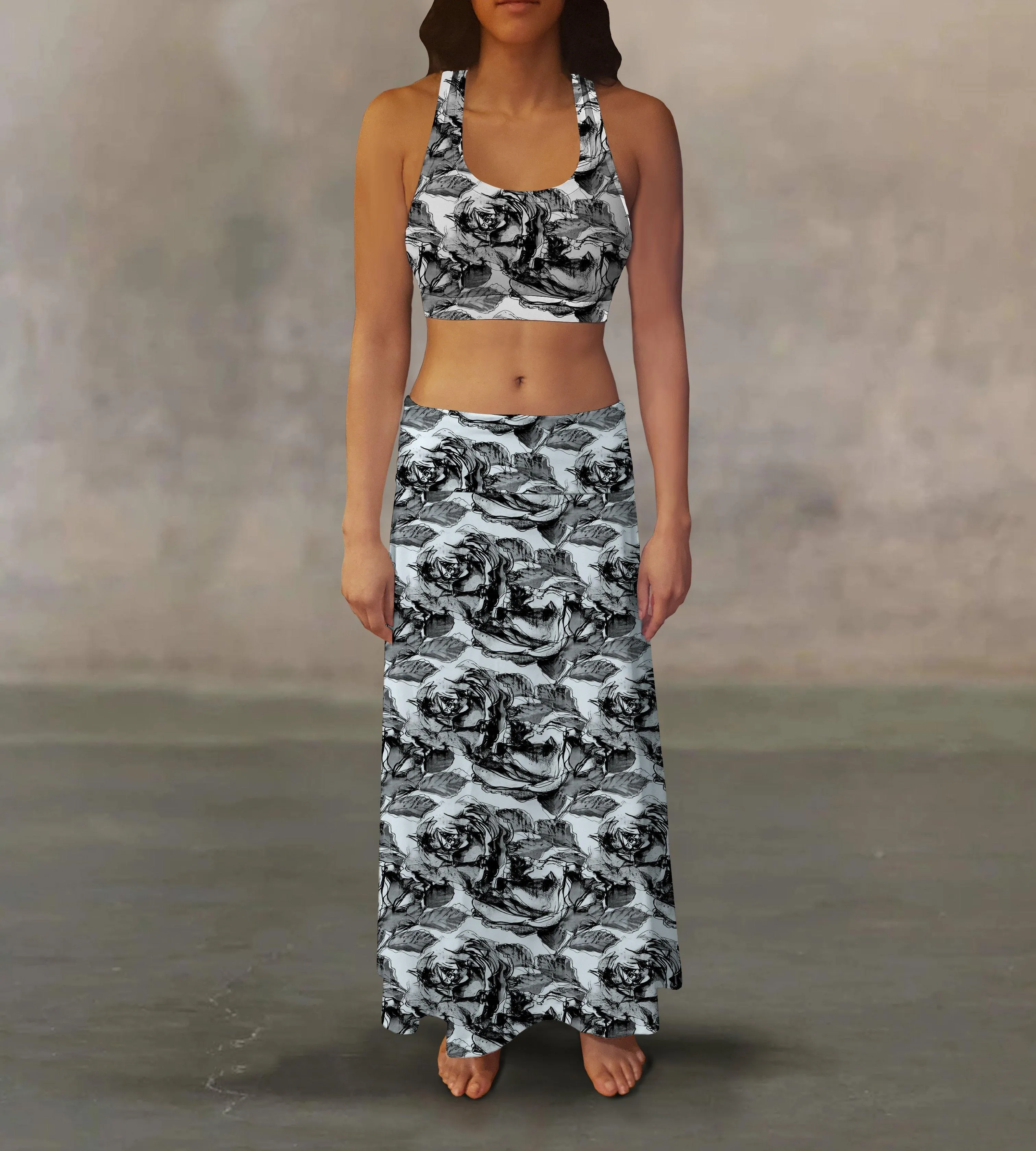 Drawn Roses Maxi Skirt